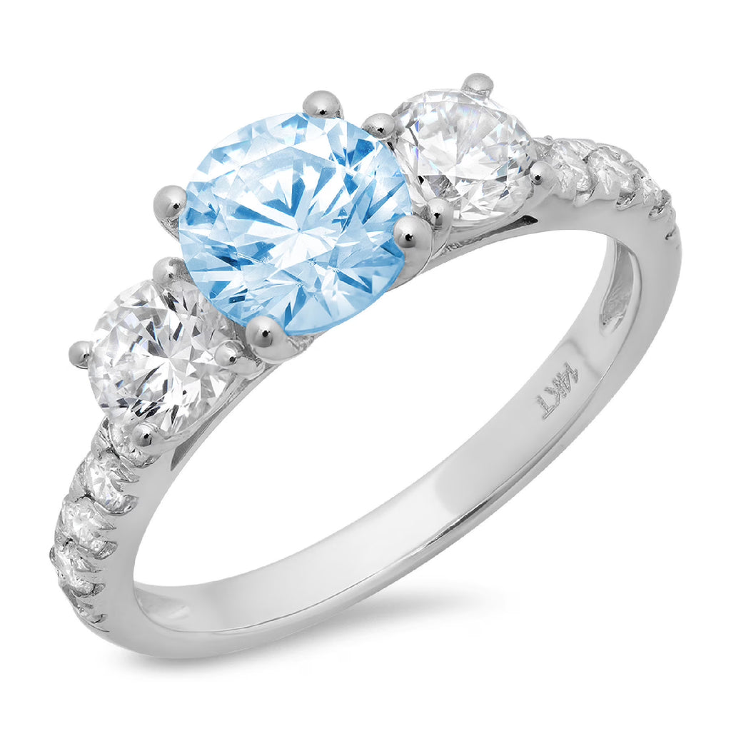 14k White Gold 3 Stone Ring with Natural Swiss Blue Topaz A844