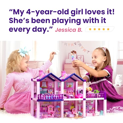 Pink and Purple 5 Room Dollhouse with 4 Princesses, 4 Unicorns, Dog, Furniture and Accessories B9924