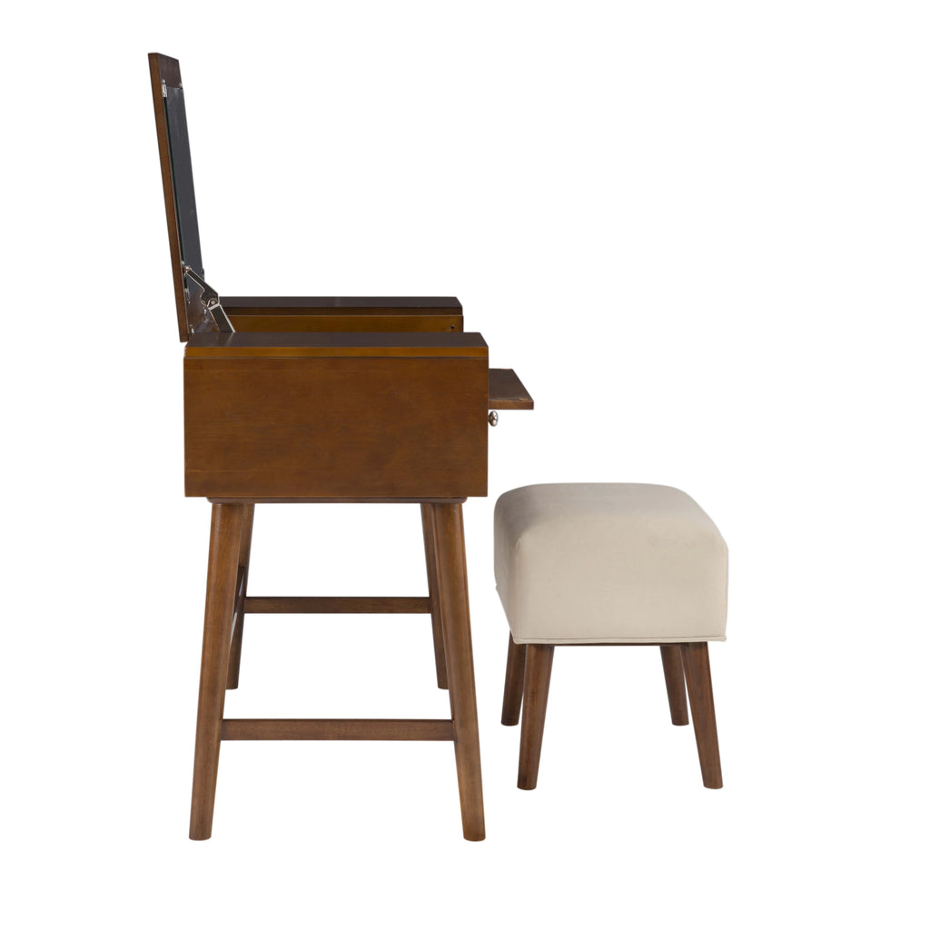 Walnut Finish 2-Piece Vanity Set with Flip-Top Mirror and Bench D468604