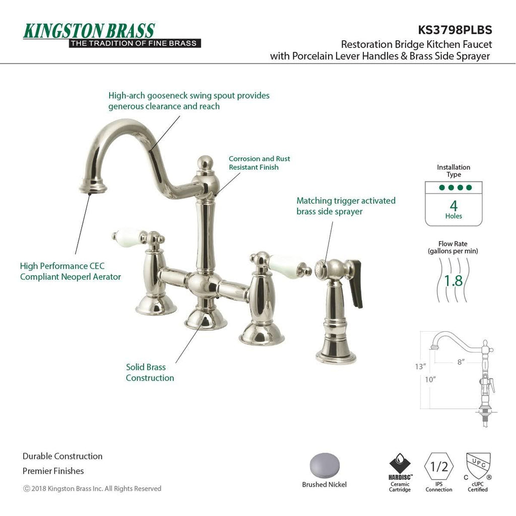 Brushed Nickel Bridge Kitchen Faucet with Brass Sprayer Y64815