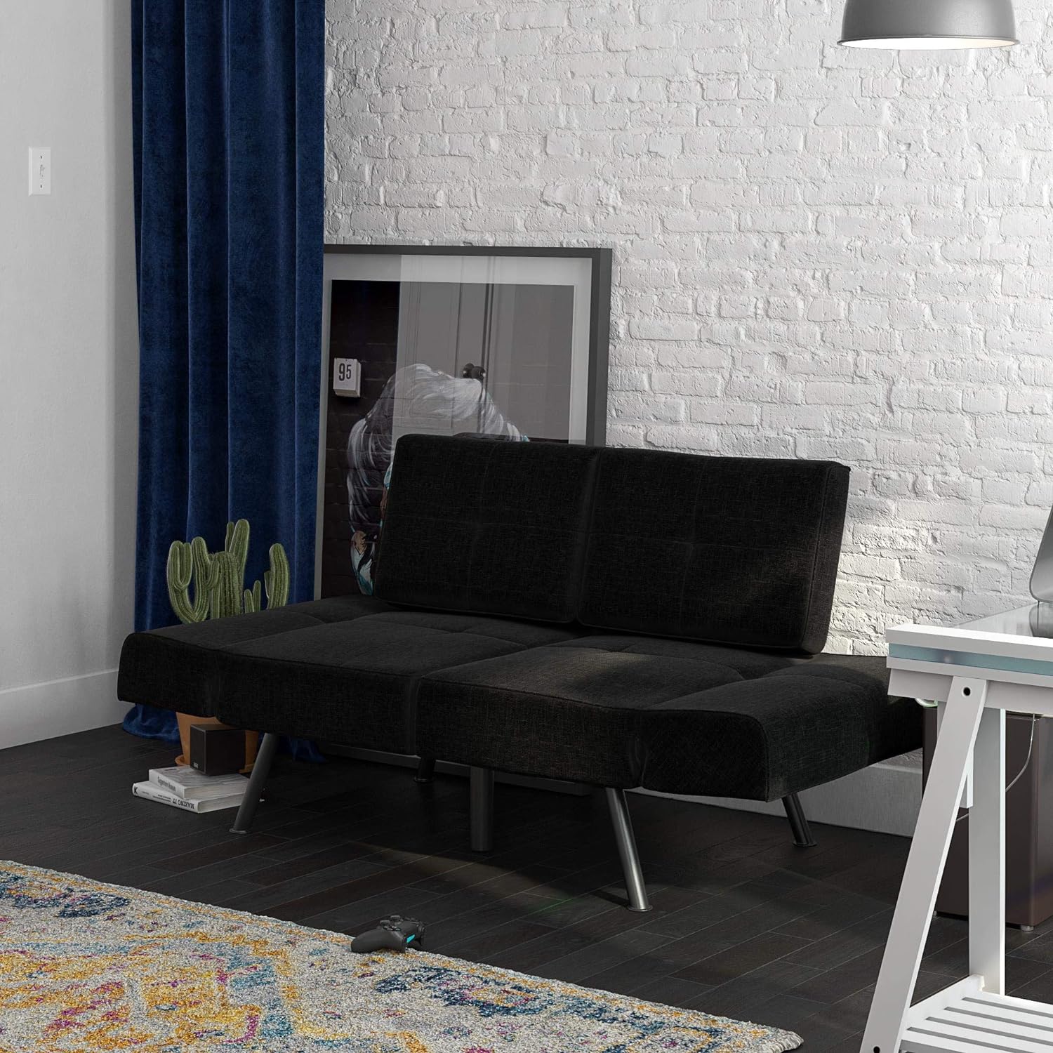 Black Linen Upholstered Tufted Loveseat Futon W60398