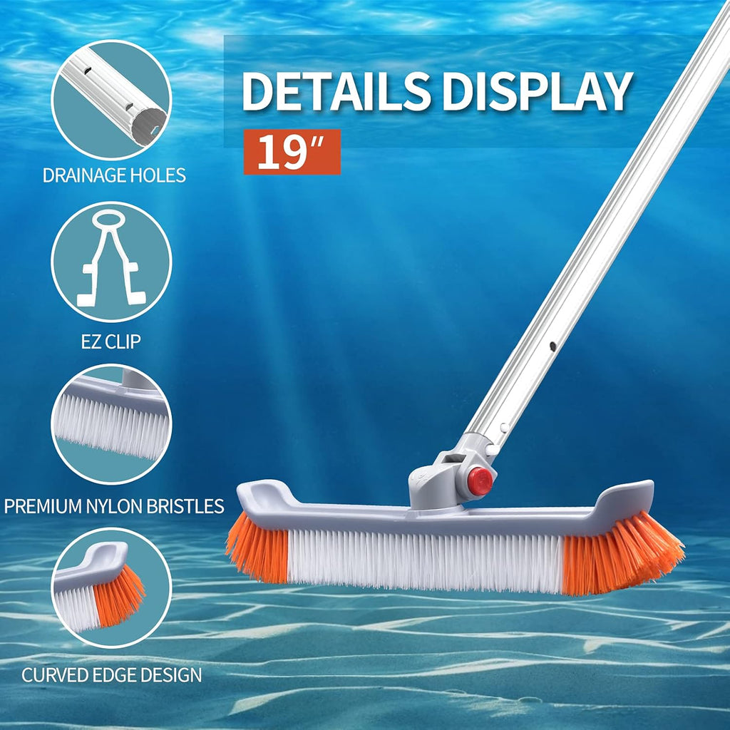19" Polished Nylon Bristles Pool Brush Head with 12 ft Aluminum Telescopic Pole, Pack of 2 E6559