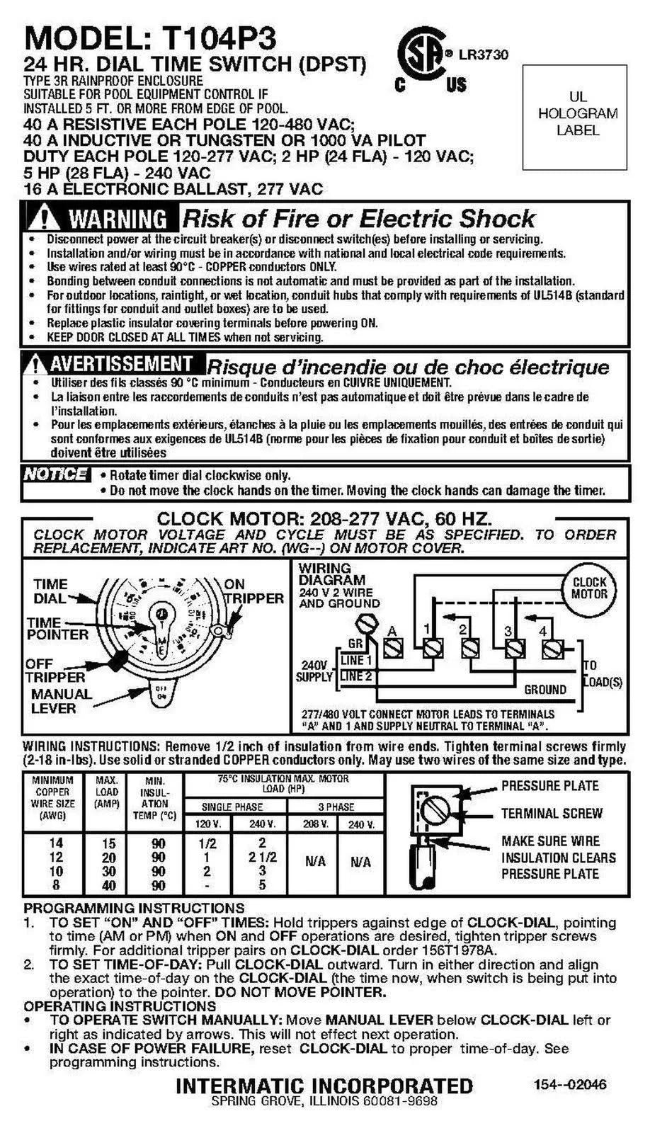 208-277 Volt 24 Hour Mechanical Time Switch D74755