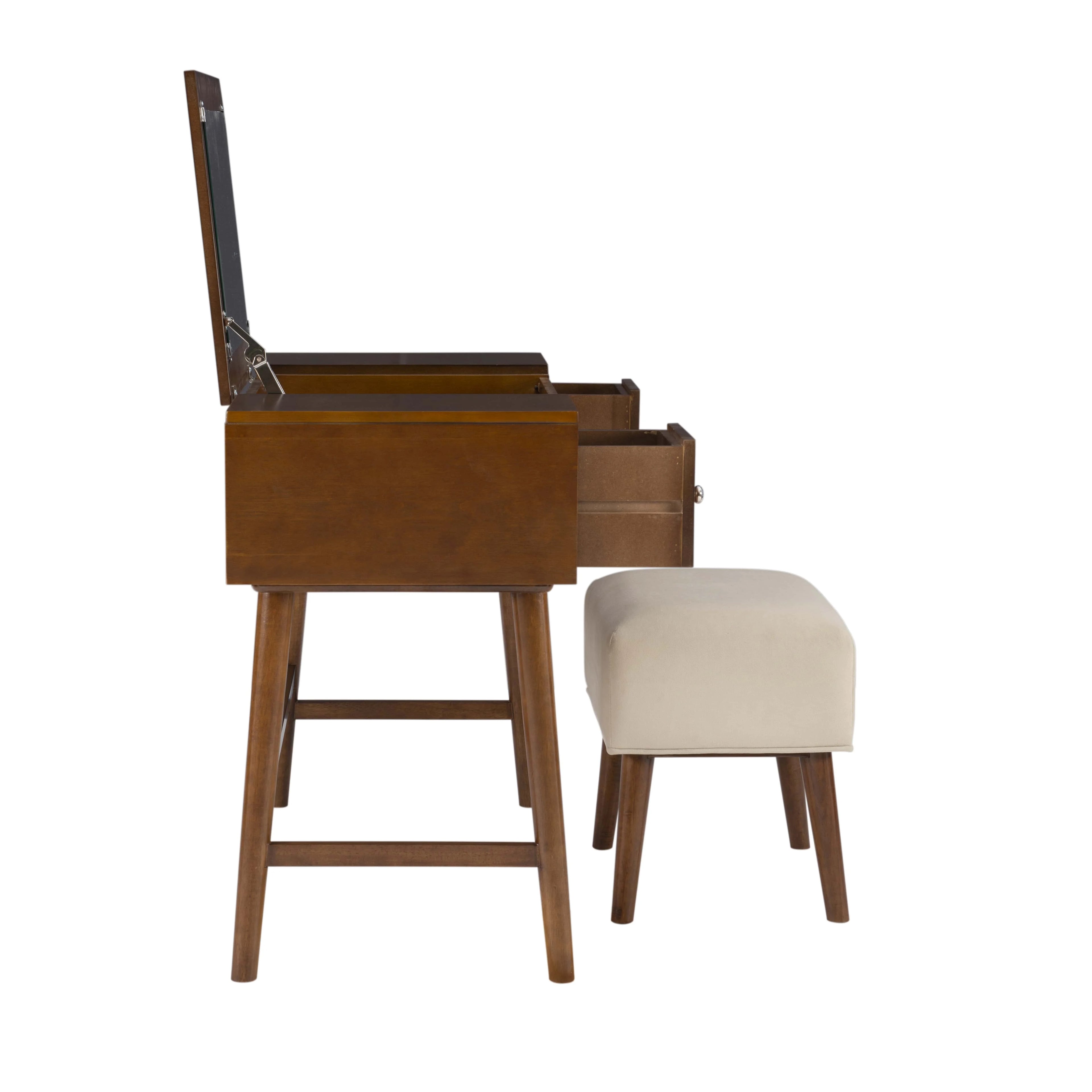 Walnut Finish 2-Piece Vanity Set with Flip-Top Mirror and Bench D468604
