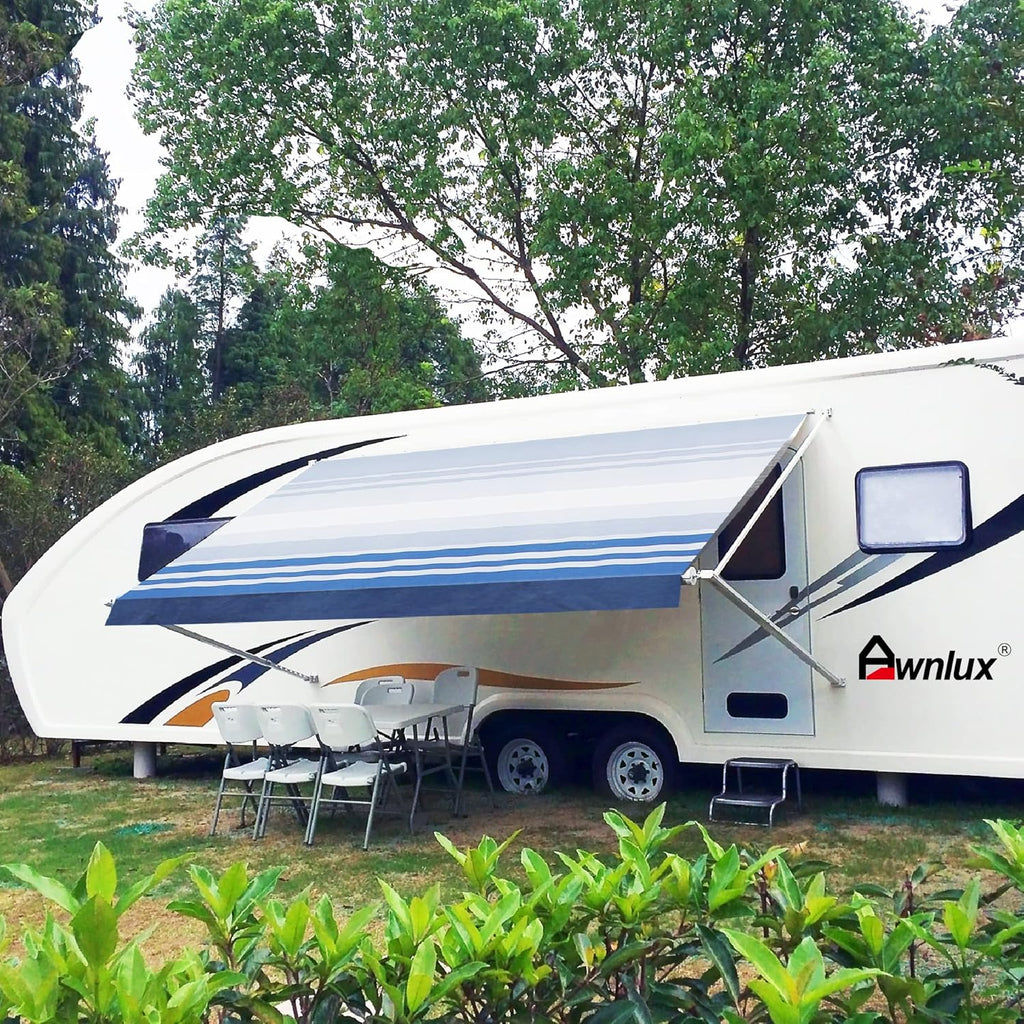Blue Ombre White 12' Vinyl RV Awning Fabric Replacement with Press Plate & Pull Strap I71435