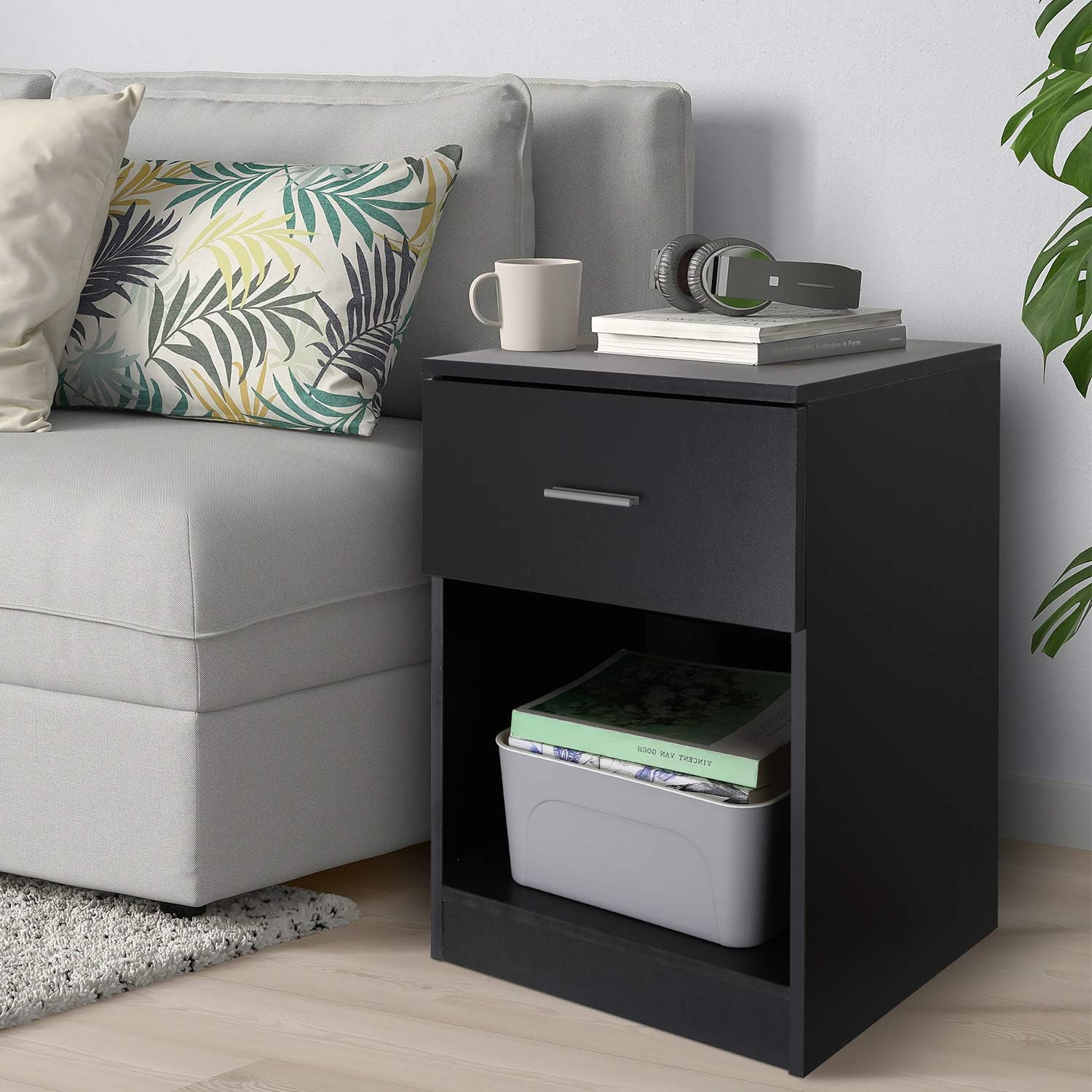 Black Nightstand with 1 Drawer and Shelf C80743
