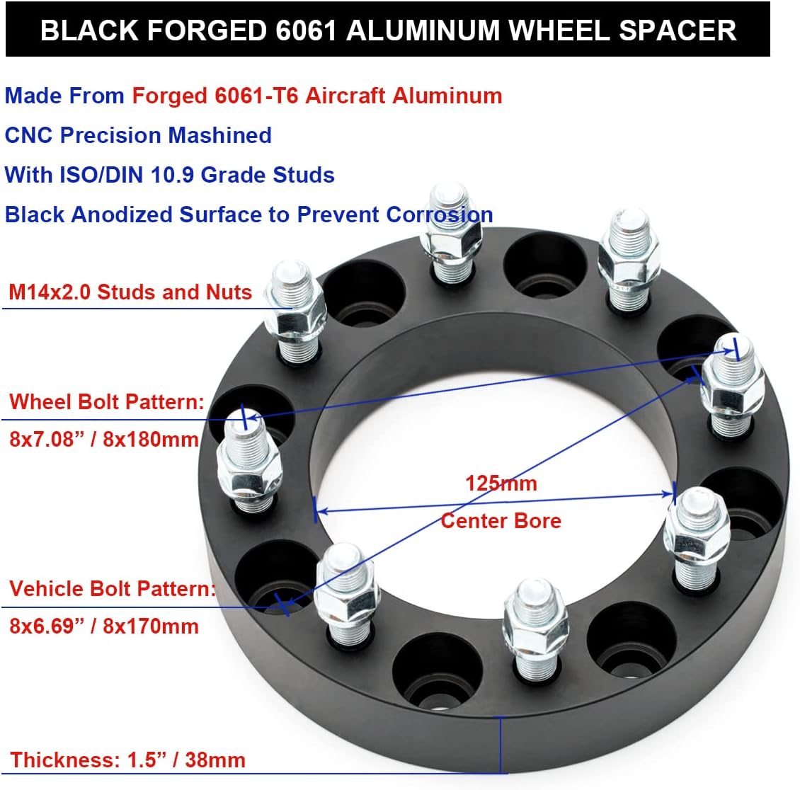 Black Forged 8x170 to 8x180 Wheel Adapters 1.5 Inch with 14x2 Studs Pack of 4 L91291