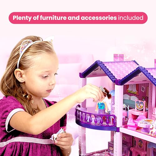 Pink and Purple 5 Room Dollhouse with 4 Princesses, 4 Unicorns, Dog, Furniture and Accessories B9924