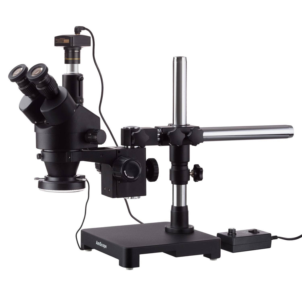 Trinocular Stereo Zoom Microscope on Single Arm Boom Stand with 144 LED Ring-light and 10MP Camera B71236