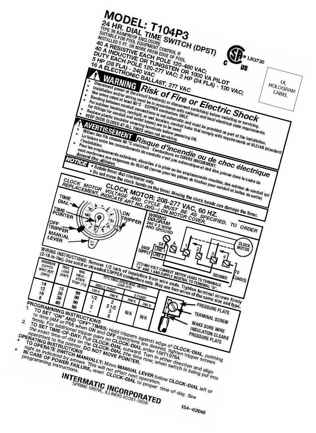 208-277 Volt 24 Hour Mechanical Time Switch D74755
