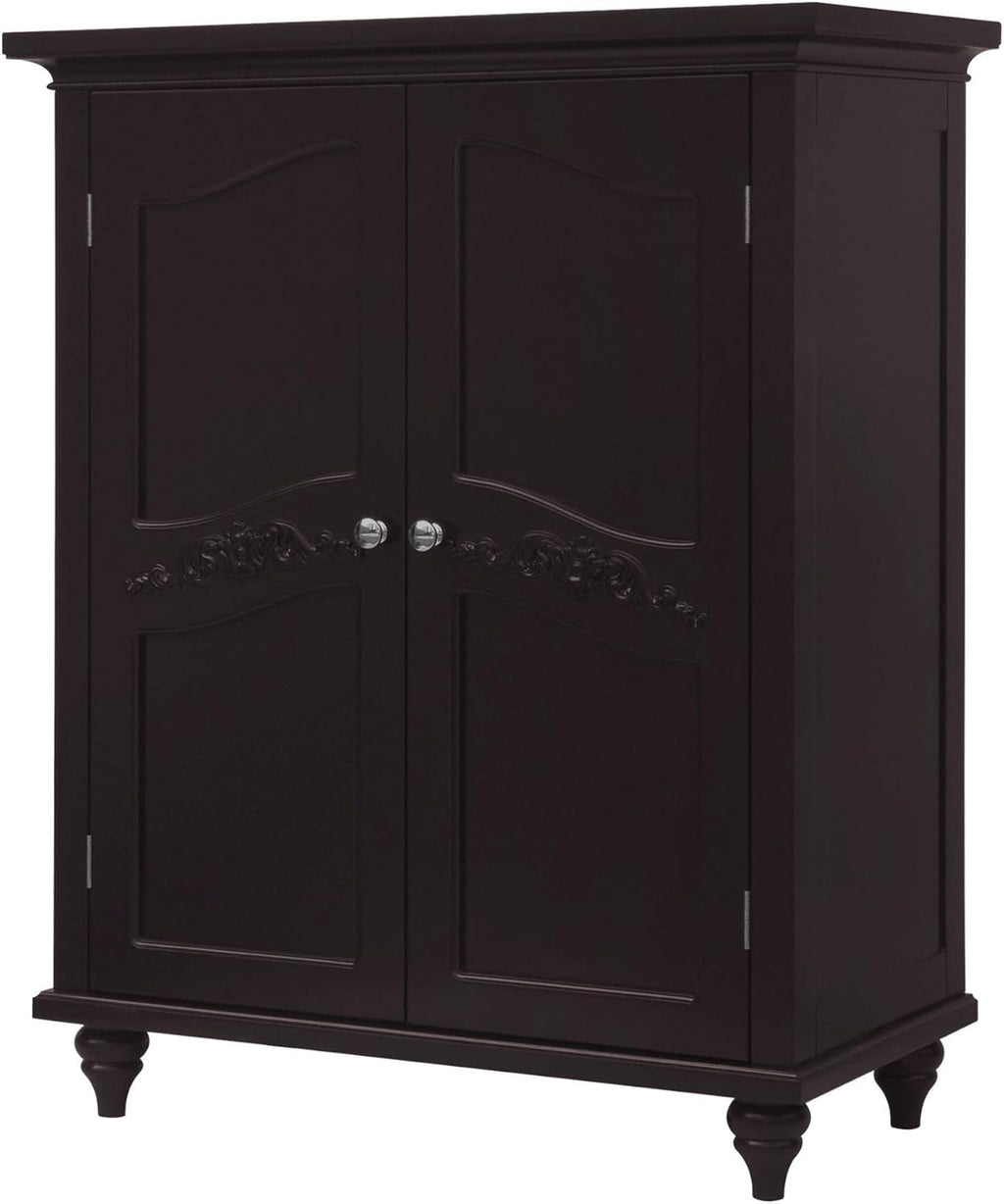 Freestanding Floor Cabinet with 2 Floral Scroll Doors and 2 Adjustable Shelves, Dark Espresso K19798
