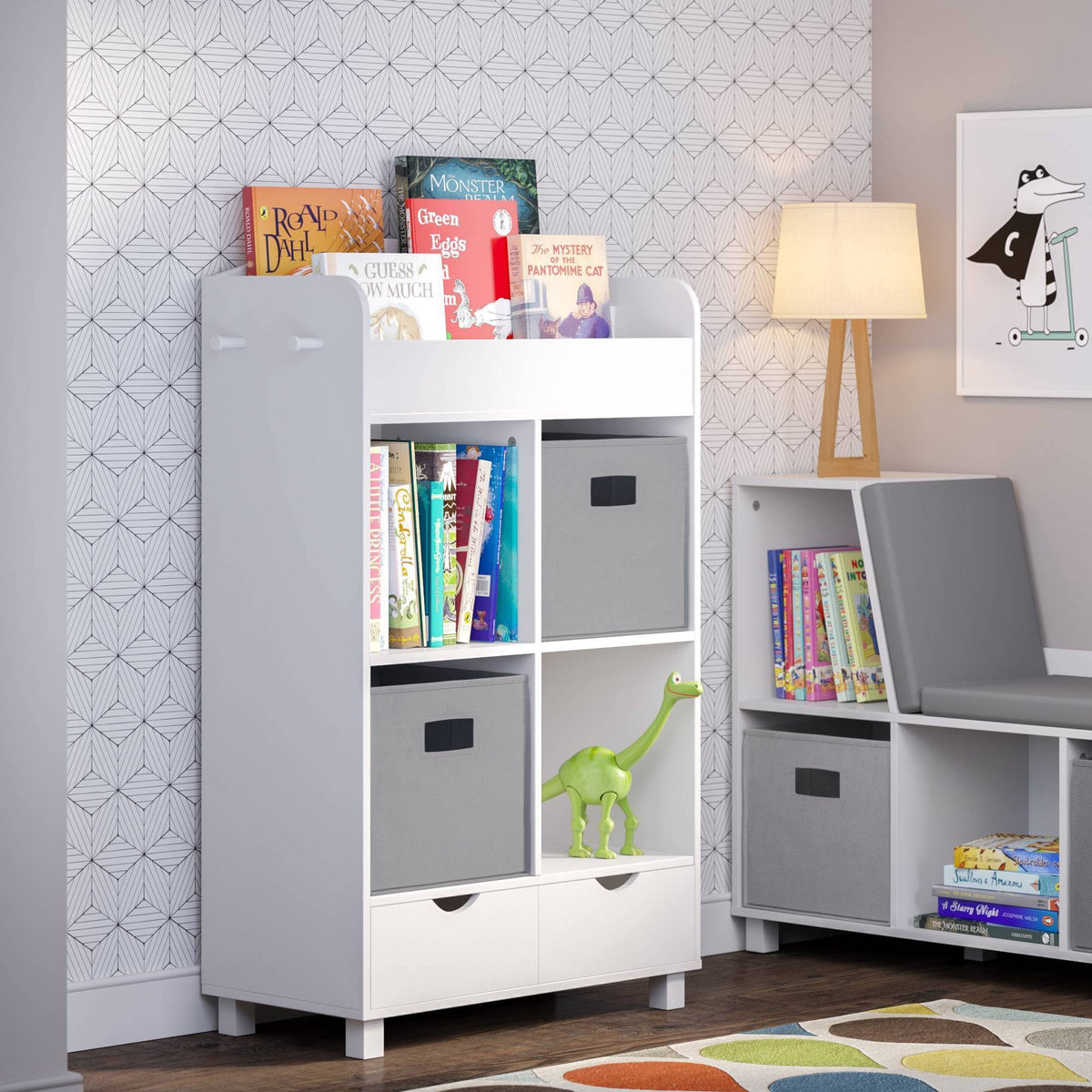 White Kids Cubby Storage Cabinet with Bookrack G5405