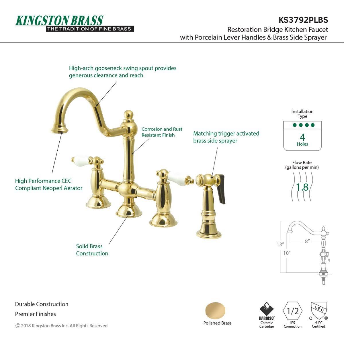 Brushed Nickel Bridge Kitchen Faucet with Brass Sprayer Y64815