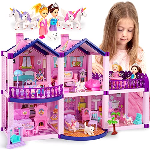 Pink and Purple 5 Room Dollhouse with 4 Princesses, 4 Unicorns, Dog, Furniture and Accessories B9924