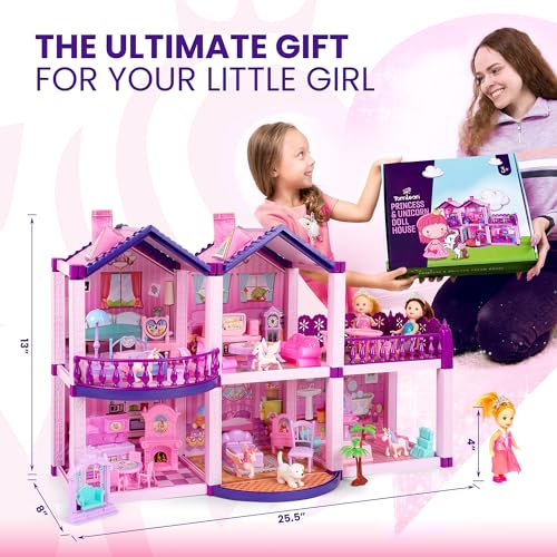 Pink and Purple 5 Room Dollhouse with 4 Princesses, 4 Unicorns, Dog, Furniture and Accessories B9924