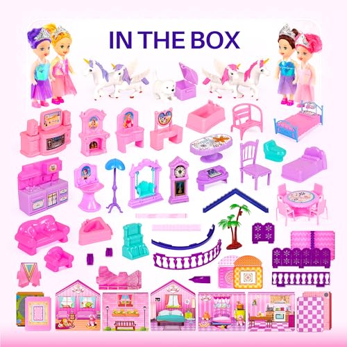 Pink and Purple 5 Room Dollhouse with 4 Princesses, 4 Unicorns, Dog, Furniture and Accessories B9924