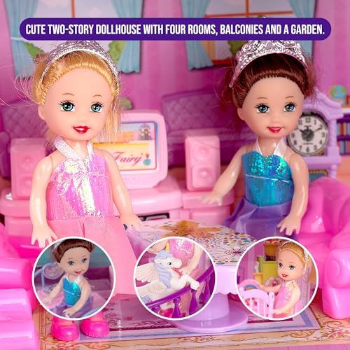 Pink and Purple 5 Room Dollhouse with 4 Princesses, 4 Unicorns, Dog, Furniture and Accessories B9924