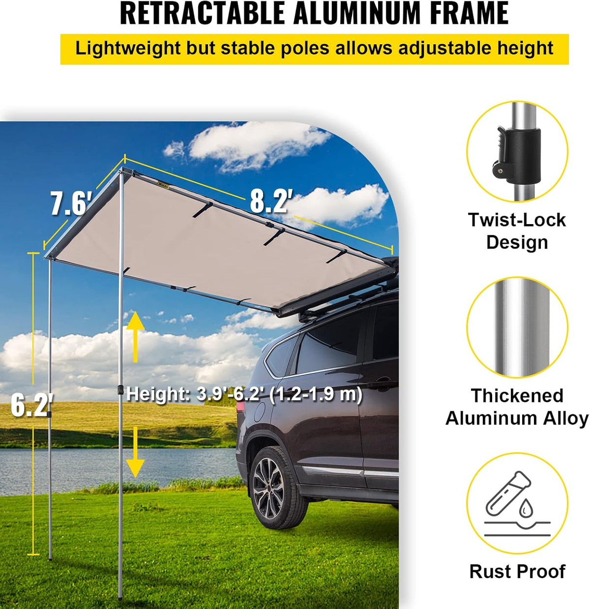 7.6'x8.2' Pull-Out Retractable Vehicle Awning with Carry Bag M2767