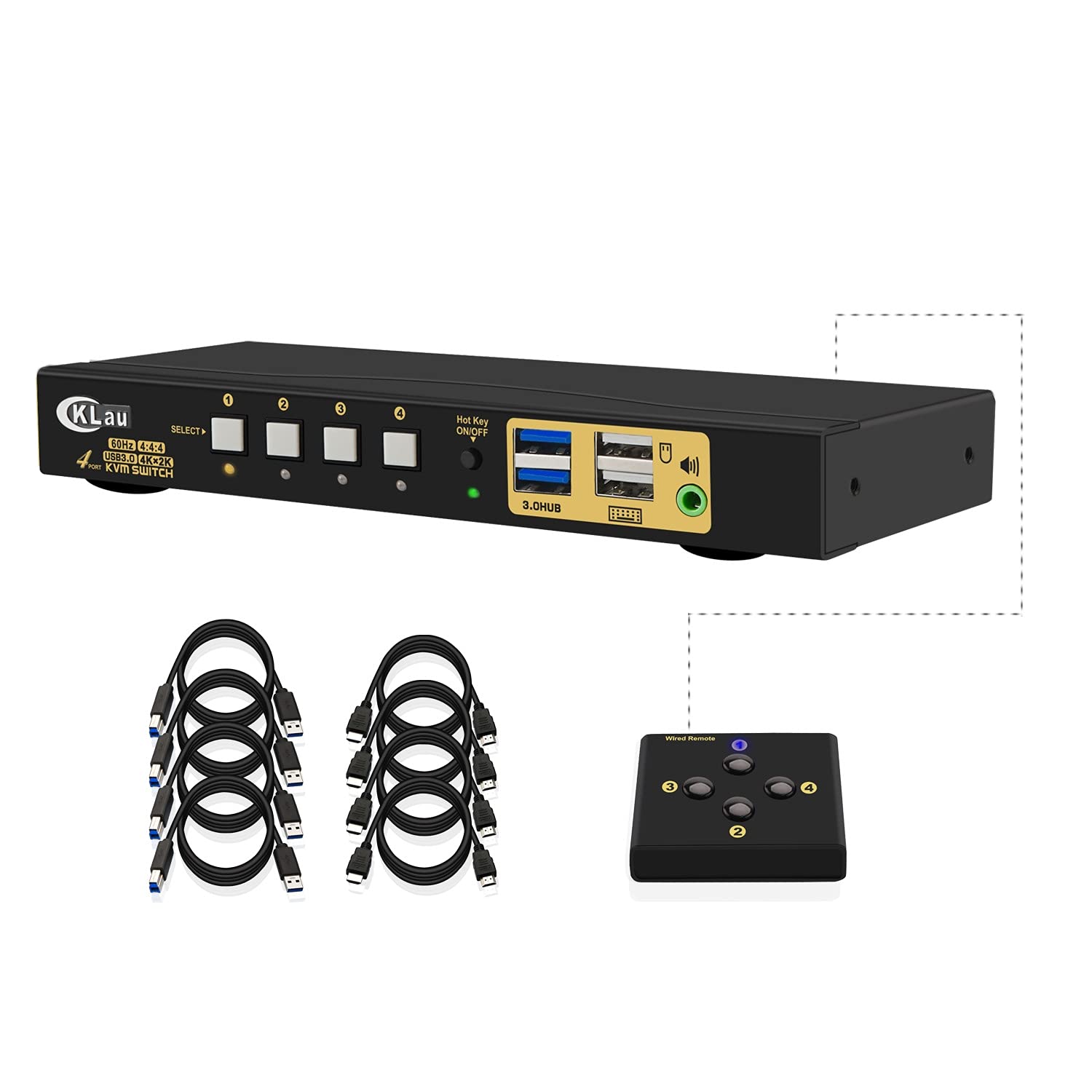 HDMI KVM Switch 4 Port with Cables, 2 pcs USB 3.0 Hub and Audio Output A2573