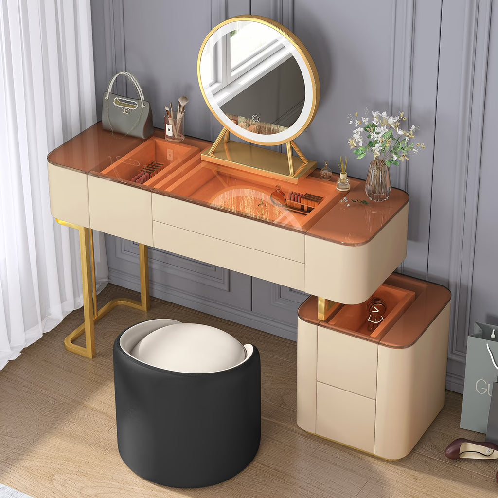 Vanity Set with LED Light Mirror, Drawers, Dressing Table and Chair V1910