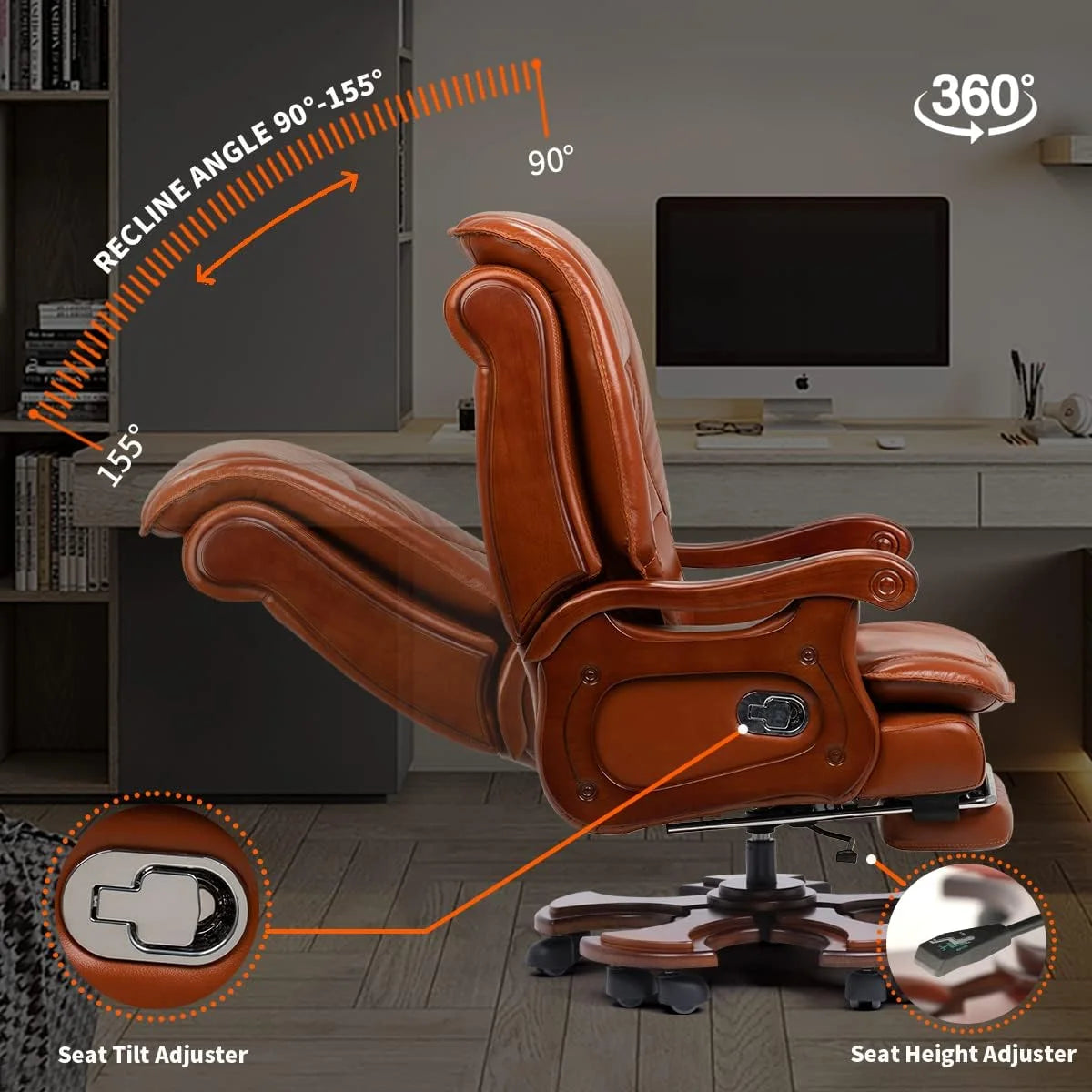 Massage Office Chair with Footrest Genuine Leather Fully Reclining Solid Wood Handrail Adjustable Tilt Back Angle Black M2329