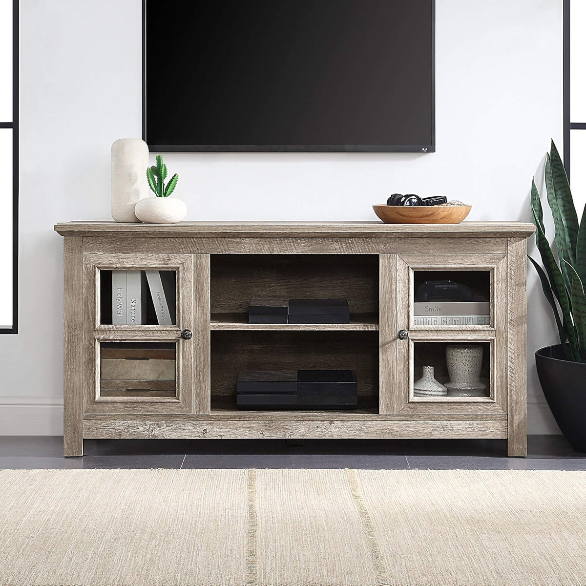 Espresso Farmhouse Electric Fireplace TV Stand with Open Storage Shelves and Cabinets I781