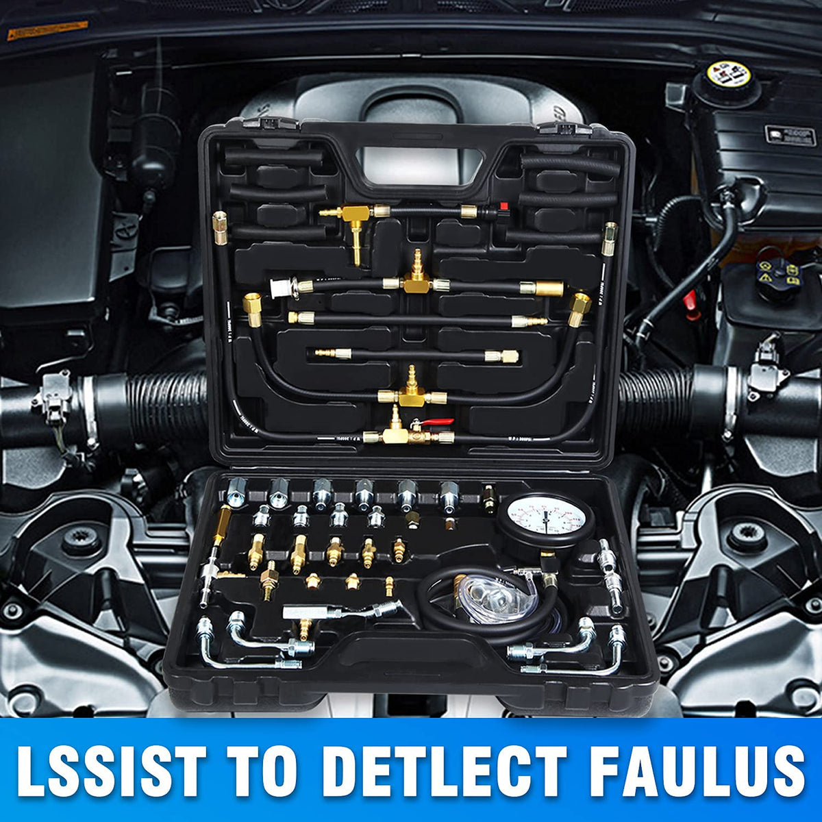 Fuel Pressure Test Kit, Fuel Injection Pressure Tester Kit Gauge 0-140 PSI/10 bar Scale, Dual Dial P1793