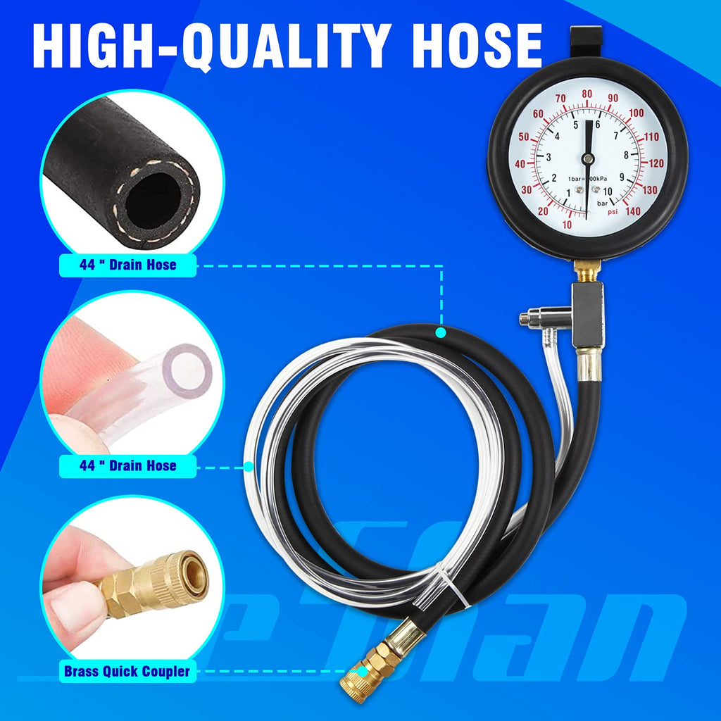 Fuel Pressure Test Kit, Fuel Injection Pressure Tester Kit Gauge 0-140 PSI/10 bar Scale, Dual Dial P1793