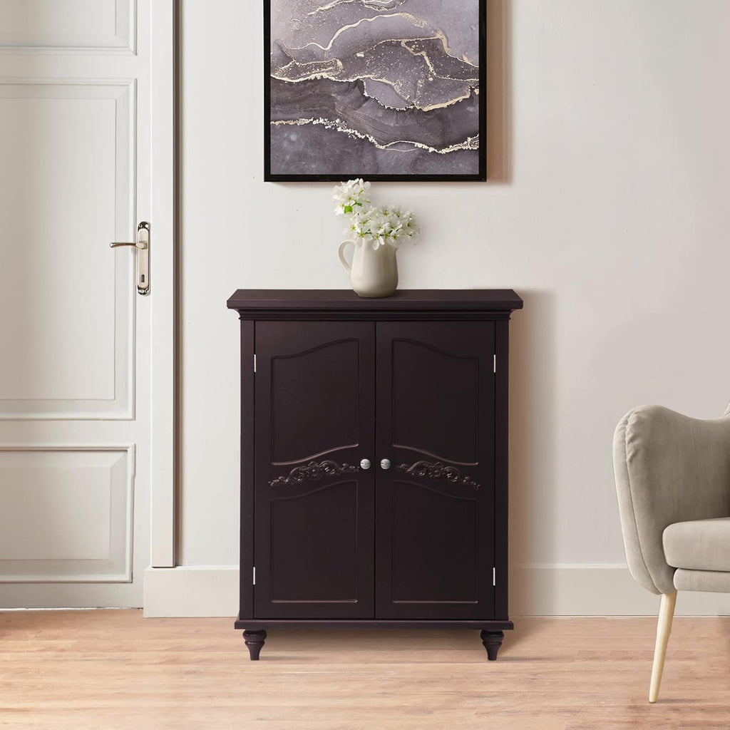 Freestanding Floor Cabinet with 2 Floral Scroll Doors and 2 Adjustable Shelves, Dark Espresso K19798