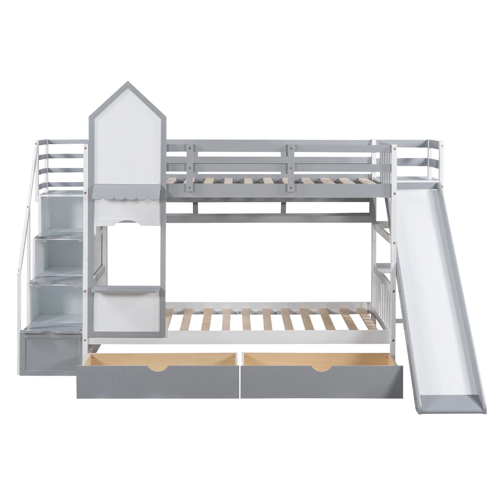 Twin Over Twin Bunk Bed with 2 Drawers and Slide, Gray G7831