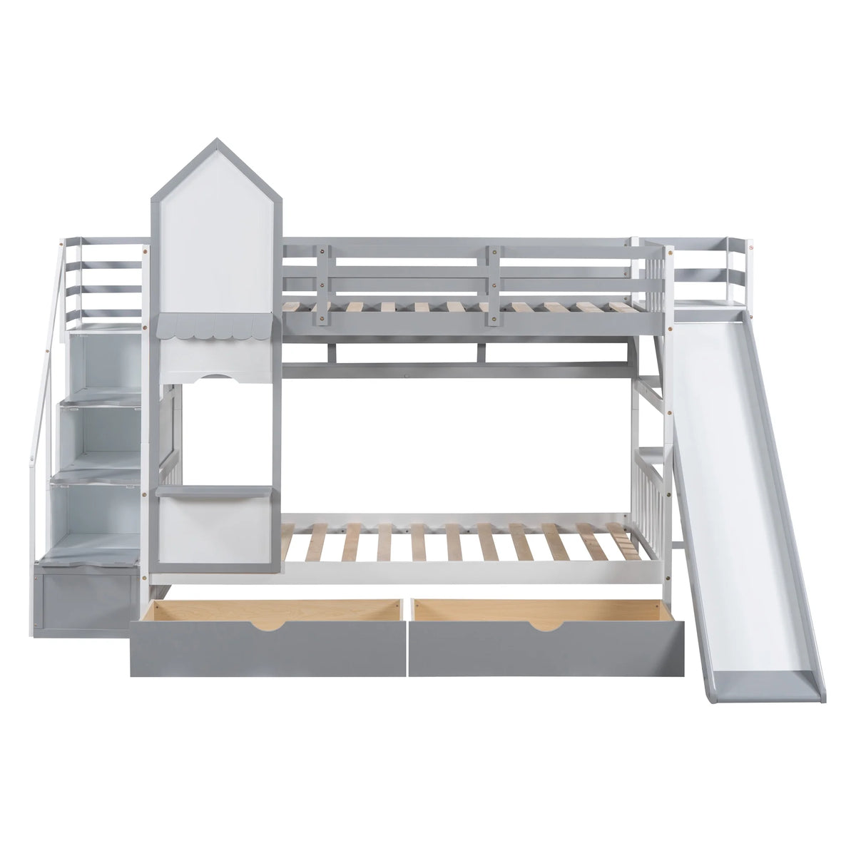 Twin Over Twin Bunk Bed with 2 Drawers and Slide, Gray G7831