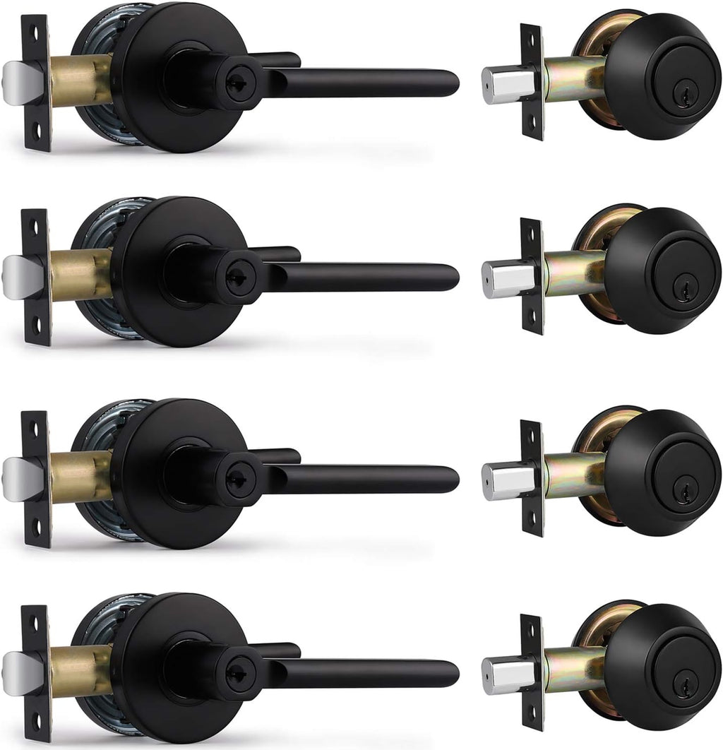 4 Pack Entry Door Lever and Single Cylinder Deadbolt Combination Set, Keyed Alike, Matte Black A6925