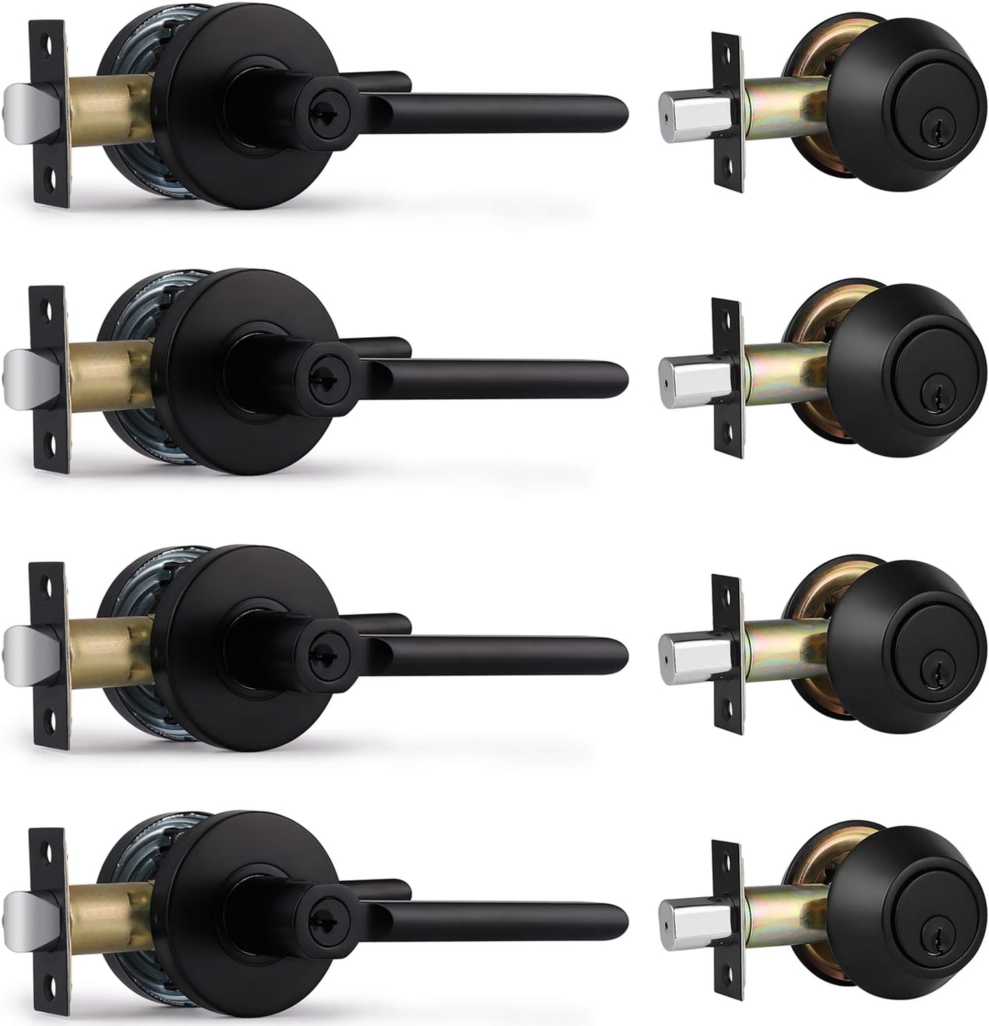 4 Pack Entry Door Lever and Single Cylinder Deadbolt Combination Set, Keyed Alike, Matte Black A6925
