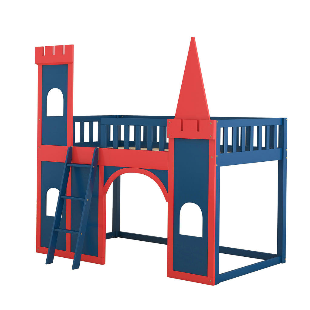 Red and Blue Twin Size Loft Bed with Ladder E9605