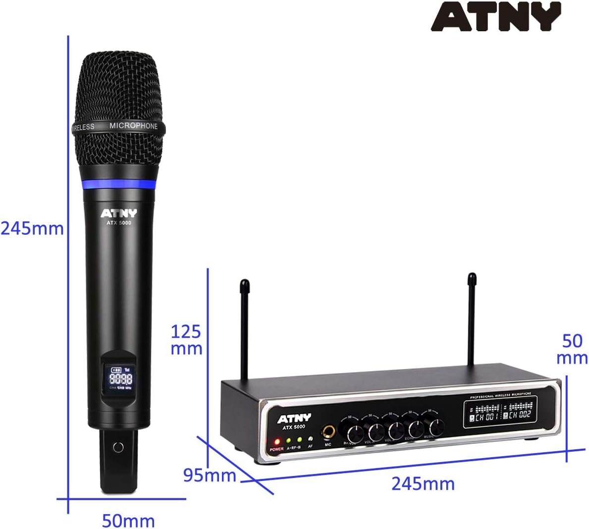 UHF Dual Channel Handheld Wireless Microphone System with 2 Rechargeable Metal Mics and LED Display Q777