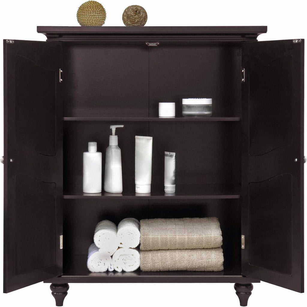 Freestanding Floor Cabinet with 2 Floral Scroll Doors and 2 Adjustable Shelves, Dark Espresso K19798