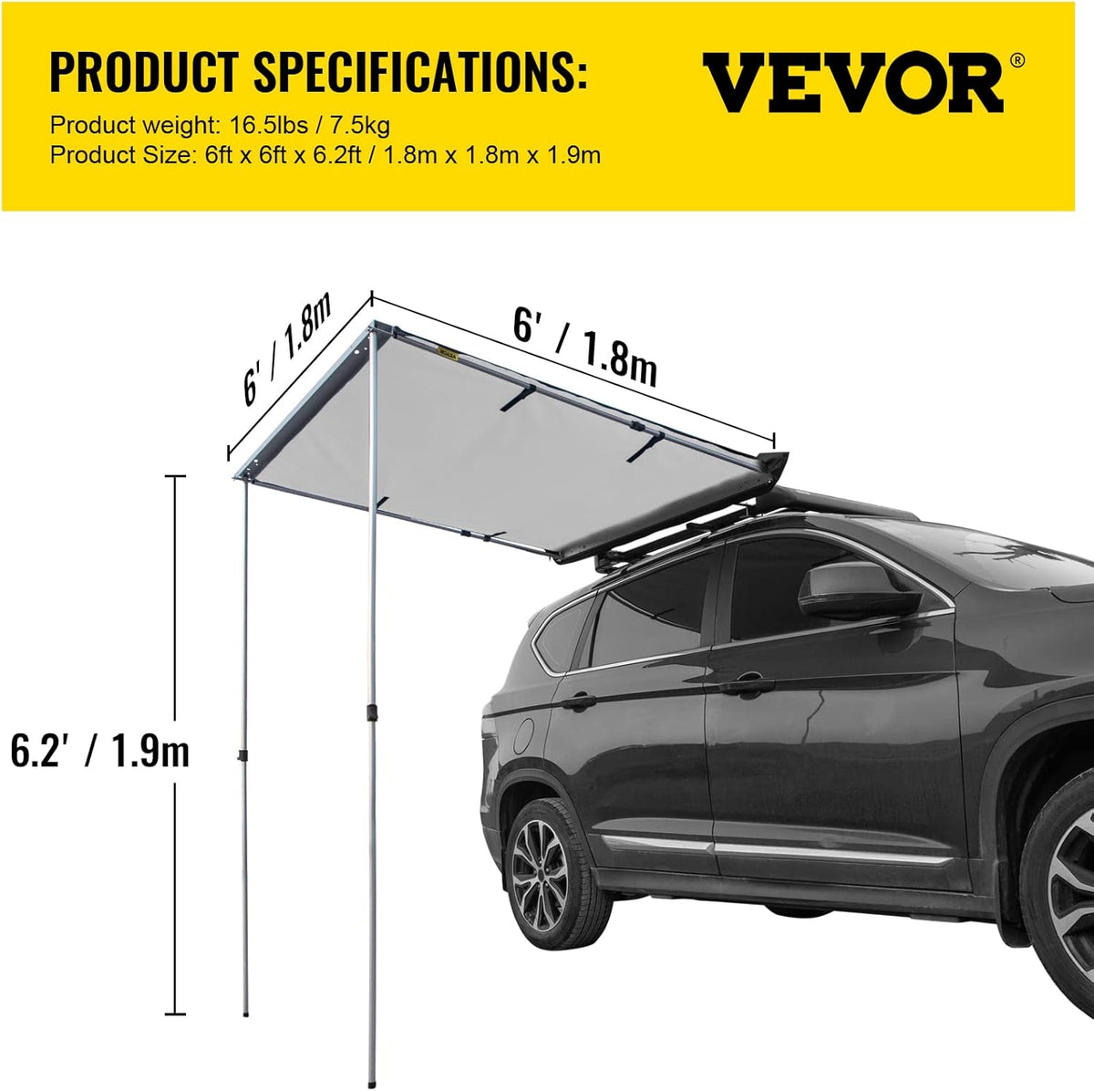 Grey 6'x6' Retractable Vehicle Awning with Carry Bag R21741