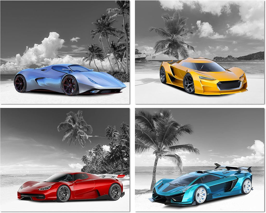Set of 4 Unframed Black and White Car Posters (8x10in) Q563