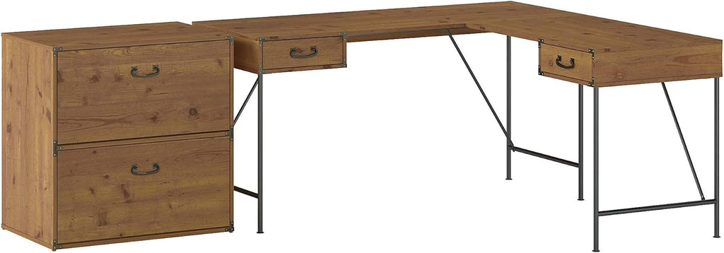 Vintage Golden Pine L Shaped Writing Desk with 2 Drawer Lateral File Cabinet Q11543