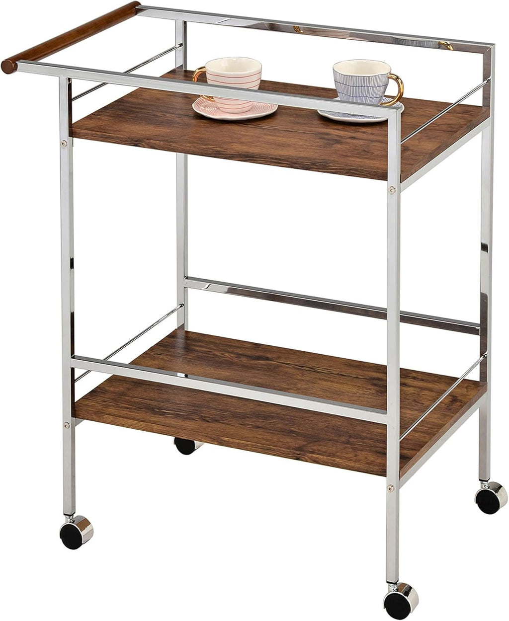 Chrome Oak Wood Metal Rolling Bar Serving Cart M8050