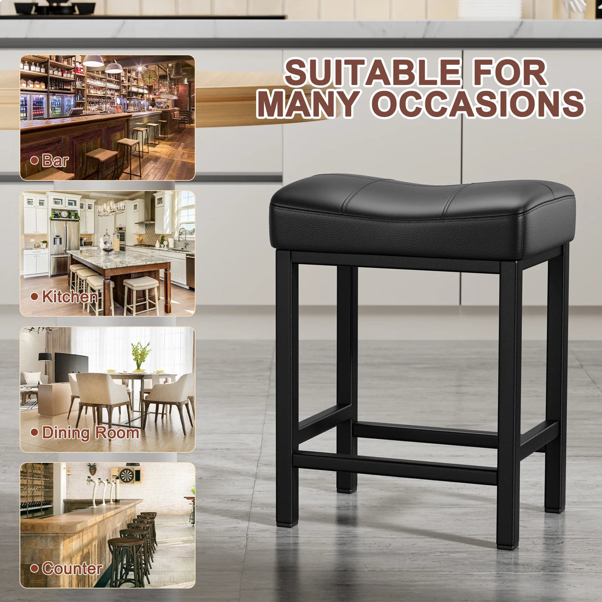Black PU Leather Counter Bar Stools Set of 2 with Metal Base T754035