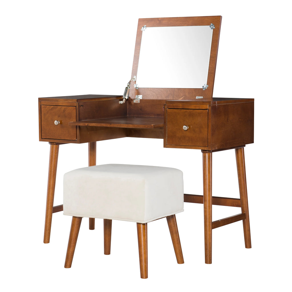 Walnut Finish 2-Piece Vanity Set with Flip-Top Mirror and Bench D468604