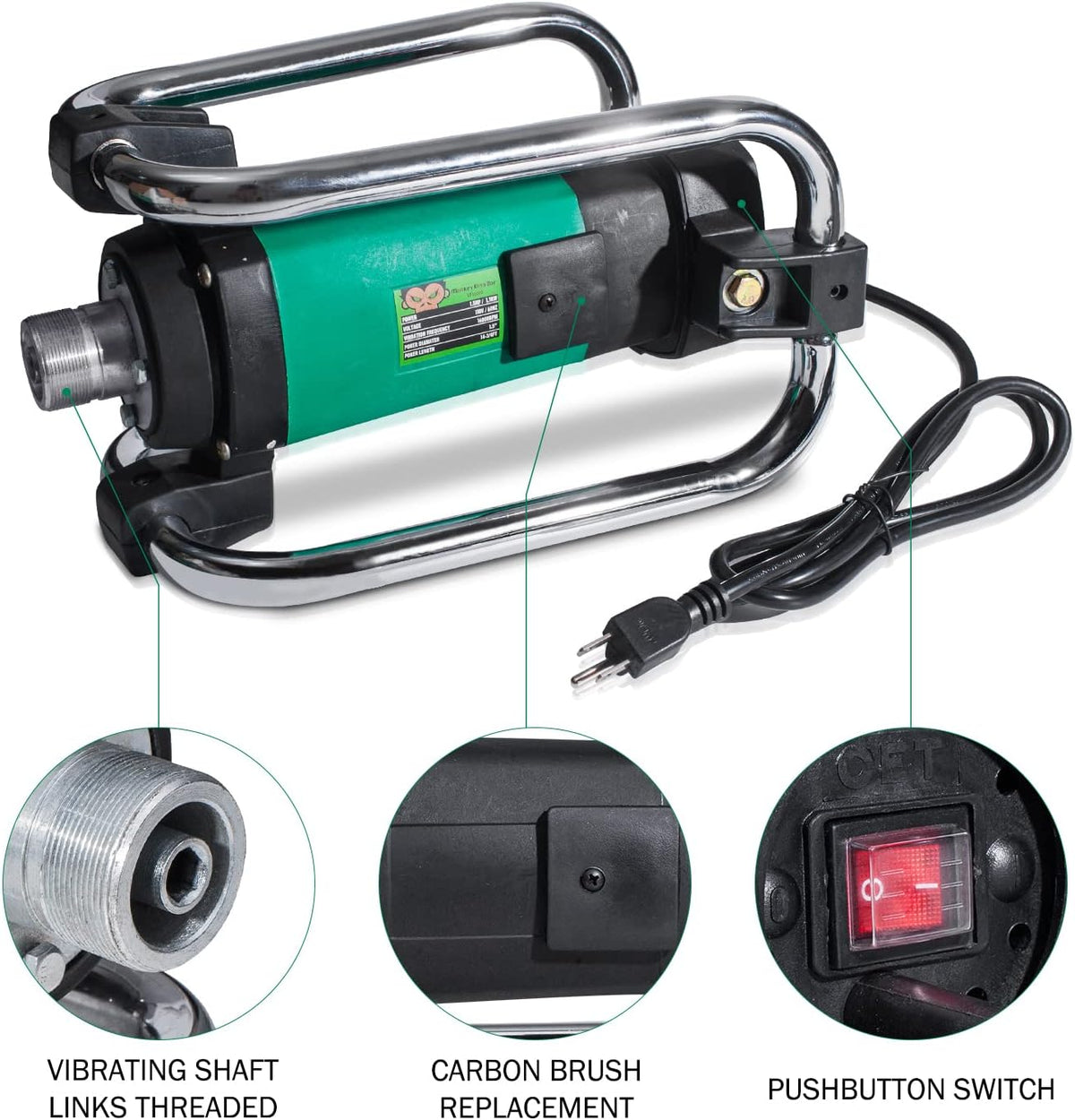 Concrete Vibrator 110V/50HZ 16000RPM with 4.5M Poker, 38MM Diameter Head C977034