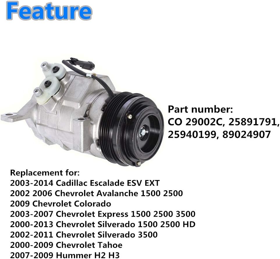 Compressor & A/C Clutch Replacement for Cadillac Escalade Chevrolet Avalanche Express Silverado Tahoe Hummer H2 H3 B445