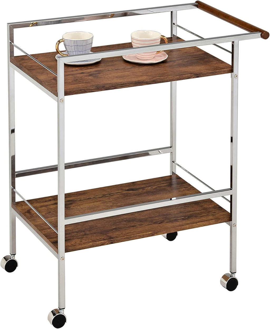 Chrome Oak Wood Metal Rolling Bar Serving Cart M8050