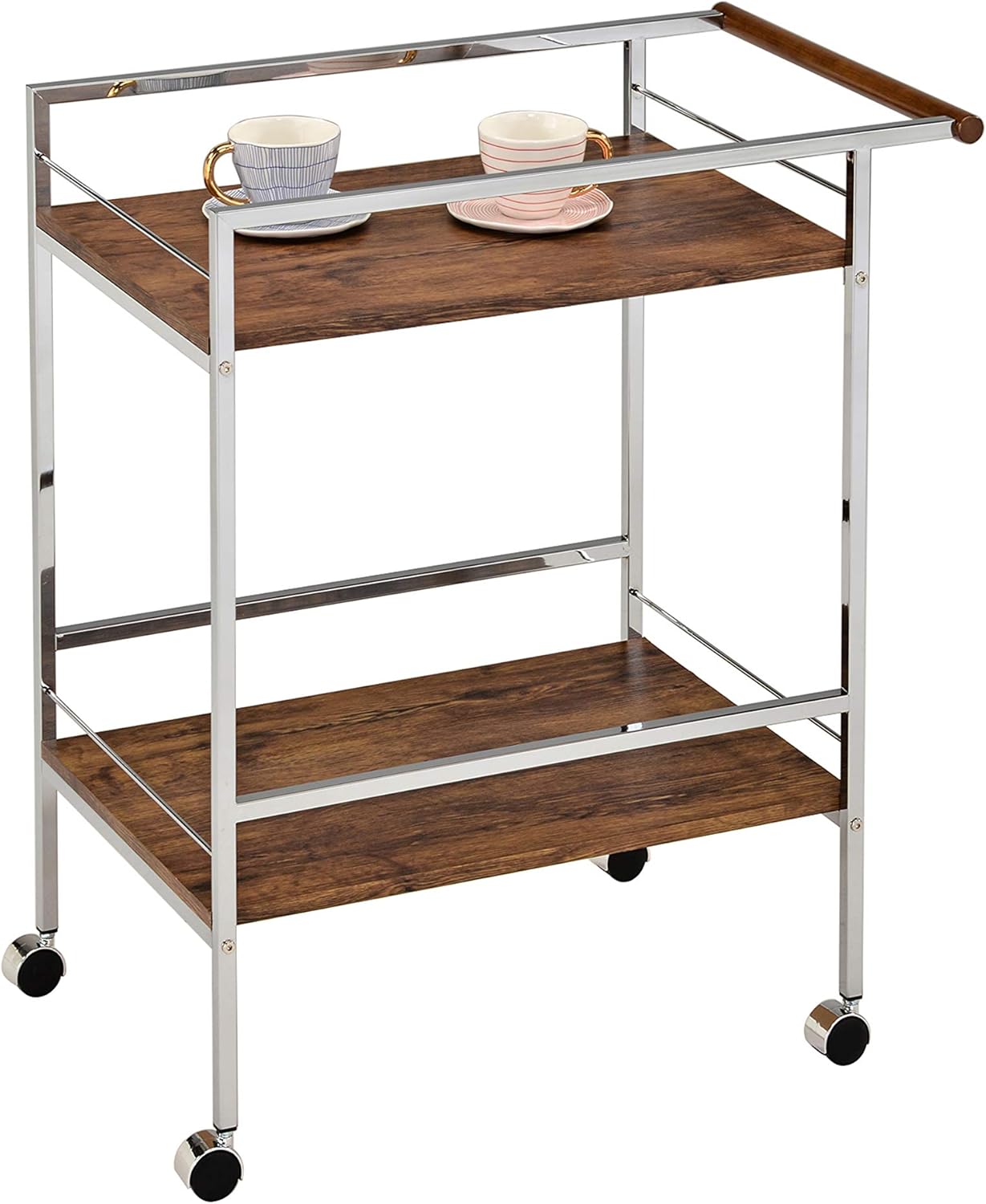 Chrome Oak Wood Metal Rolling Bar Serving Cart M8050