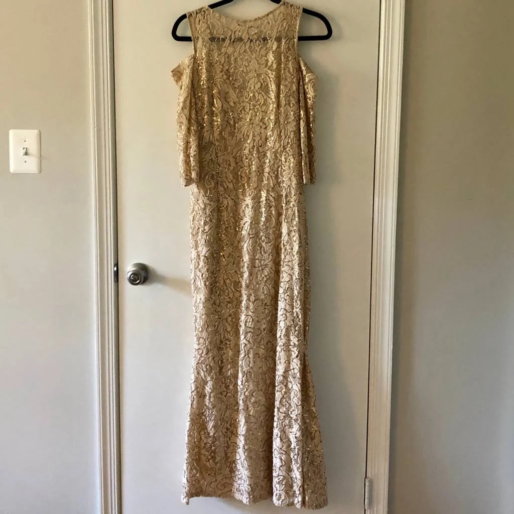 Beige 3/4 Sleeve Cold Shoulder Sequin Evening Gown F1910