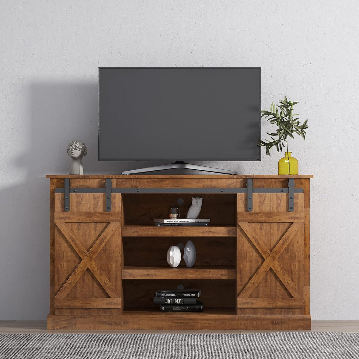 White Reclaimed Barnwood TV Stand with Storage Cabinet E761131