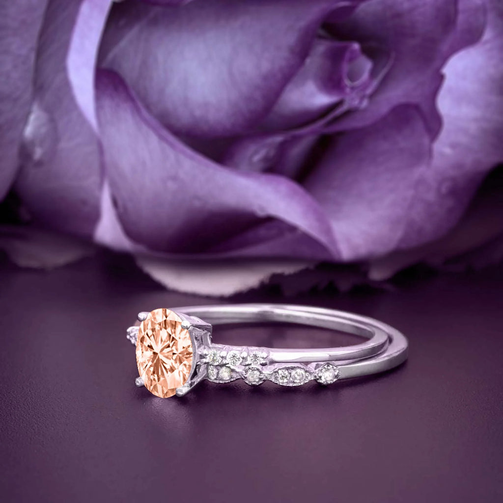 2.00 Carat Oval Cut Morganite And Diamond Moissanite Engagement Ring Set in 925 Sterling Silver With 18k White Gold Plating Z9696