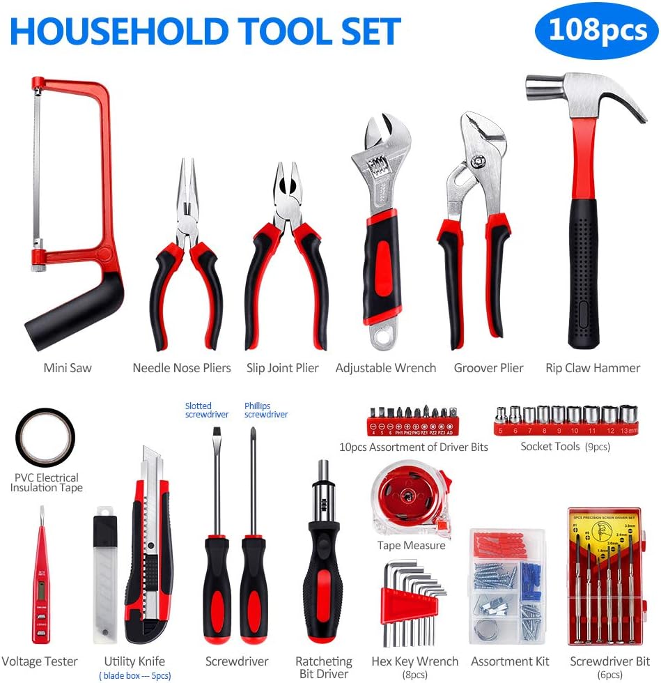 108 Pcs Alloy Steel Hand Tool Kit with Plastic Toolbox Z66479